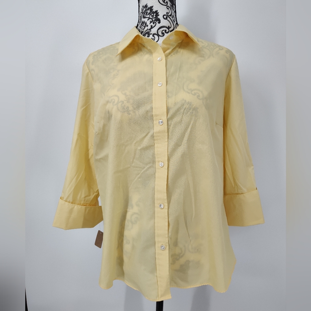 Izod No Iron Women's Yellow 3/4 Sleeve Button Down Shirt Size Large